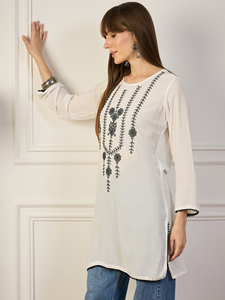 RN Blanc Brodé Viscose Coton Coupe Classique Décontracté Longueur Cheville Style Ethnique Indien Pakistanais Séchage Rapide Toutes Saisons Femme - Product Image 2