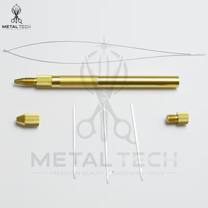 Gold Brass Micro Ring Hair Extension <b>Threader</b> <b>Needle</b> Set Pulling Hook Tool Inner Storage Handle Hairdressing Supply Factory - Product Image 2