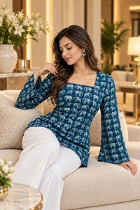 Square Neck Lantern Sleeve Printed <b>Kurta</b> Viscose Cotton Animal Pattern Blue White Pants Set <b>Women</b> Casual Daily Wear - Product Image 3