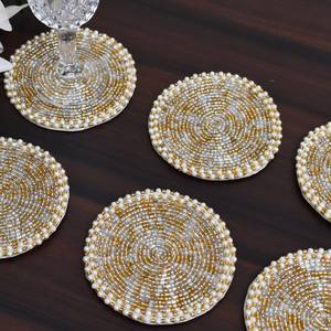Handmade Beaded Flower Drink Holder Set 1 Luxury Style Reusable Eco-Friendly Washable Portable <b>Bar</b> <b>Mats</b> White Gold Mosaic Design - Product Image 2
