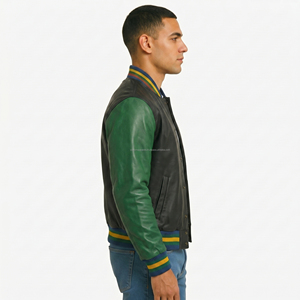 Veste universitaire en cuir véritable pour homme, style décontracté automne, col rabattu, color-block - Product Image 3