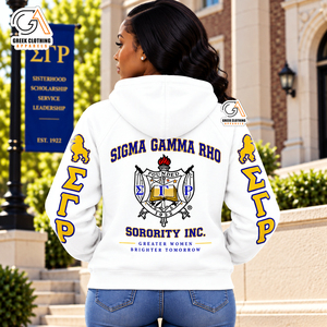 เสื้อฮู้ดผู้หญิง Sigma Gamma Rho สีขาว ผ้าฝ้ายฟลีซ แขนยาว เป็นมิตรกับสิ่งแวดล้อม มีกระเป๋าหน้า ผลิตจากผ้าฝ้าย 100% - Product Image 2
