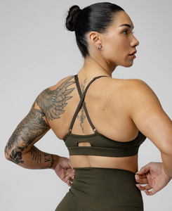 Women's Olive Green Yoga Set High Waist Leggings Crop Top Spaghetti Strap Ruched Seamless 2 Piece Solid Pattern Full Length 220g - Product Image 4