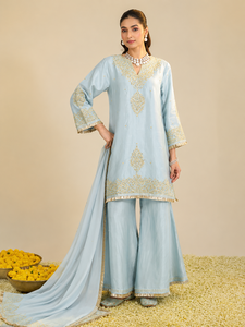 Conjunto de Kurta Bohobi para Mujer, Color Azul Polvo, Tejido, Cintura Natural, Lavable, Elegante, Cuello en V, Manga Acampanada, Bordado a Mano, para Fiesta, Gulmarg - Product Image 4