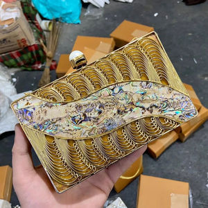 Gold Embellished Mop Inspired Clutch Bag Handmade White Shell Swirled Pattern with Metallic Finish <b>Iron</b> Wholesale Clutch - Product Image 6