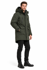 Men's Long Hooded Winter Puffer Jacket Quilted Thermal <b>Parka</b> Zipper Closure Drawstring Cargo <b>Pockets</b> Fleece Lining Embroidered - Product Image 3
