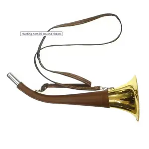 Brass Home Decorative Playable Hunting Horn with Brown Leather Mounted And Ribbon Musical Horn for Decoration Brass Hunting Horn