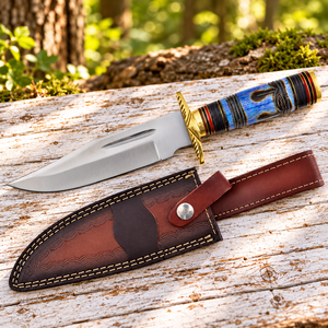 Couteau Bowie artisanal de 13 pouces en acier inoxydable avec manche en os fossile bleu et poinçon en laiton, avec étui en cuir marron - Product Image 6