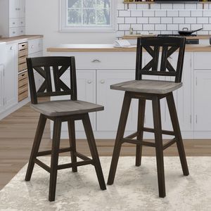 Set di 2 Sgabelli da Bar Girevoli Grigio Nero Effetto Invecchiato, Altezza Standard, Schienale a X, Girevoli a 360 Gradi, in Legno Massello di Gomma - Product Image 6