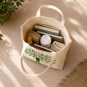 Eco Friendly Cotton Canvas Tote <b>Bag</b> with <b>Tree</b> Print | Reusable Shopping Grocery Beach Travel Carryall Handbag Durable Stylish - Product Image 2