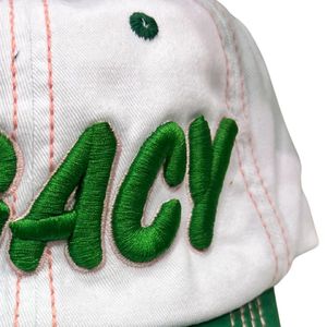 White and Green Distressed Baseball <b>Cap</b> with Green Embroidered Letter Design Adjustable Vintage Casual Outdoor Unisex <b>Hat</b> - Product Image 2