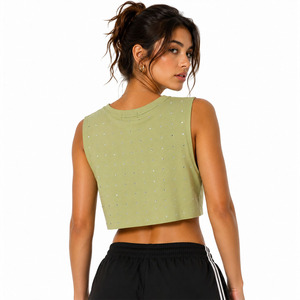 Customized Logo Summer Ladies Rhinestone Sleeveless Crop <b>Top</b> Cotton Streetwear Tank OEM Fashion Sparkly Wholesale Women's Shirts - Product Image 2