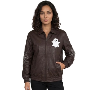 Chaqueta de cuero de oveja marrón hecha a mano |   Chaqueta Bomber Oversize con Parche Reflectante de Fantasma y Bordado de Telaraña, Estilo Espeluznante para Todas las Temporadas - Product Image 1
