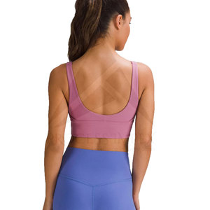 Sujetador deportivo acanalado sin costuras para mujer, cuello redondo, soporte medio, ropa deportiva para yoga, color rosa sólido, transpirable, licra, poliéster - Product Image 3