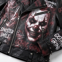 Blouson en cuir graphique d'horreur style clown gothique, avec sourire maléfique et sinistre, clouté, style motard, vêtement d'extérieur, personnalisé, vente en gros, streetwear pour hommes
