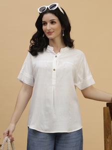 Chemisier blanc en lin pour femme à col mandarin, manches courtes, coupe ample, décontracté, respirant, uni, printemps-été - Product Image 3