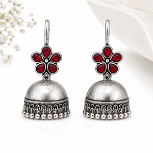 Boucles d'oreilles pendantes Jhumka Bollywood en forme de fleur, plaquées argent oxydé, style vintage, avec rubis, pour anniversaire, vente en gros, fournisseur en vrac - Product Image 2