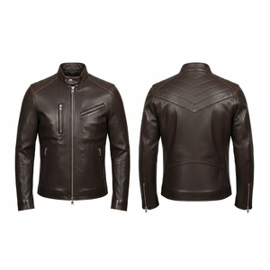 Chaqueta de Motociclista para Hombre en Cuero Genuino Color Borgoña con Cuello Alto y Cierre de Cremallera - Product Image 4