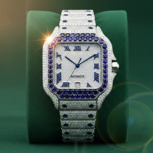 Reloj de Lujo con Bisel de Diamantes Azules, Esfera Plateada Cuadrada con Números Romanos, Automático, Estilo Hip Hop, Joyería Premium para Hombre - Product Image 1