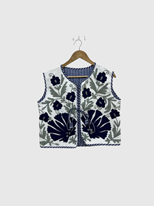 Chaleco Floral Bordado de Algodón para Mujer, Sin Mangas, Informal, Hecho a Mano, Sin Cuello, con Patrón Azul y Blanco - Product Image 1