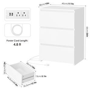 Nuovo Comodino a 3 Cassetti con Stazione di Ricarica, Tavolino Bianco per Camera da Letto, Soggiorno, Appartamento, con Spazio di Archiviazione - Product Image 3