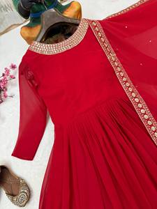 Red Vichitra Sequined Ankle-Length Indian Pakistani Set <b>Reversible</b> Regular Fit Party Wedding <b>Dress</b> and Dupatta - Product Image 3