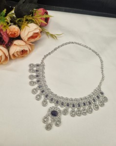 Designer Rhodium Plated Oval Cut CZ Stone <b>Necklace</b> <b>Set</b> With <b>Earrings</b> & Mangtika For Women Ethnic Fashion Jewellery <b>Set</b> Wholesale - Product Image 2