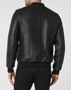 Blouson Bomber Noir en PU Gaufré pour Homme, Style Moto Biker, Col Montant, Fermeture Éclair, Coupe Droite, Idéal Automne - Product Image 3