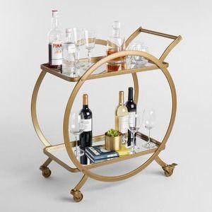 Designer Iron Bar Cart with Gold Finish Frame and Tempered Glass Shelves Rolling <b>Serving</b> <b>Trolley</b> Home Kitchen Dining Organizer - Product Image 4
