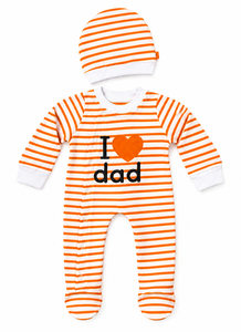 Conjunto de pelele de bebé de punto 100% algodón a rayas naranja y blanco con la inscripción 'I Love Dad' y gorro a juego - Product Image 1