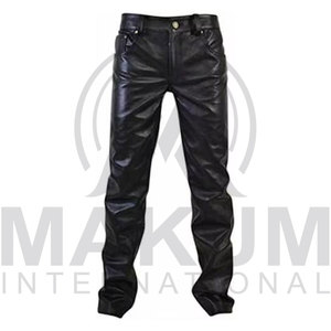Pantalon en cuir noir pour homme, taille haute, coupe droite, style motard, fermeture boutonnée, pour l'hiver - Product Image 5