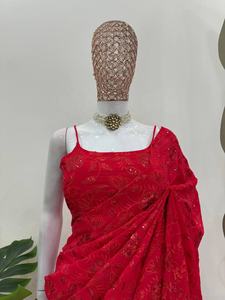 Nuevo y Exclusivo Tela de Georgette Estilo Indio para Fiesta, con Estampado Digital, Bordado, Ribete de Encaje, Sin Costuras, Lavable - Product Image 6