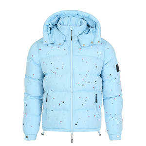 Veste matelassée à capuche bleu clair avec imprimé à pois, coupe-vent, manteau d'hiver, coupe régulière, style décontracté unisexe, fermeture éclair - Product Image 1