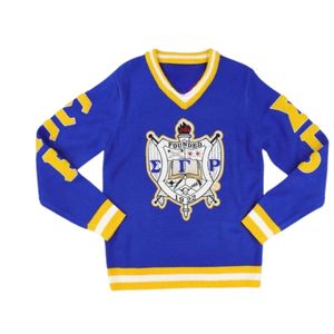 เสื้อสเวตเตอร์คอวีปักลายตราสัญลักษณ์ Sigma Gamma Rho Sorority สีน้ำเงิน สำหรับผู้หญิง  งานถักตัวอักษรกรีก สไตล์ลำลอง แฟชั่นนักศึกษา  แบบสั่งทำพิเศษ - Product Image 1