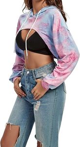 Sudadera Corta con Capucha para Mujer, Estilo Tie Dye, Manga Larga, Informal, de Verano, Tejida en Algodón, Diseño Asimétrico con Bolsillos - Product Image 5