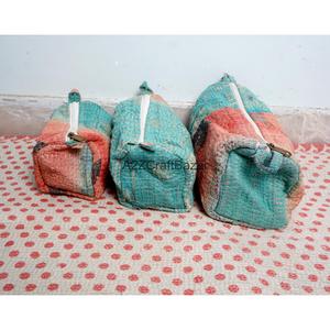 100% Pure Cotton Kantha Fabric Tassel Pattern Zipper Closure Eco-Friendly Durable Large Vintage Lightweight <b>Makeup</b> Bag Pouch Set - Product Image 2