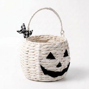 Neutral <b>White</b> Woven Pumpkin <b>Basket</b>, Elegant Halloween Trick-or-Treat and Decor Bucket Wholesale - Product Image 1