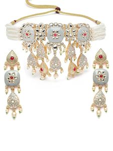 Parure de bijoux ethniques indiens pour femme, collier long et boucles d'oreilles en alliage de zinc plaqué or antique avec zircon, motif floral, pour mariage - Product Image 2