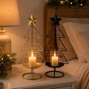 Christmas & Valentine's Day Tree <b>Candle</b> <b>Holder</b> Stand Gold <b>Black</b> Metal Eco-Friendly Heat Resistant Star Top for Home Decoration - Product Image 1