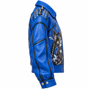 Royal Blue <b>Women</b> Genuine Leather Bomber Jacket Custom Punk Cat Graphic Printed Button Cuff Spiked <b>Outerwear</b> Manufacturer - Product Image 3