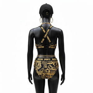 Conjunto de bikini de poli spandex de alta calidad, 190 GSM, negro y dorado, tela elástica con estampado completo, logotipo personalizado, para mujer. - Product Image 2