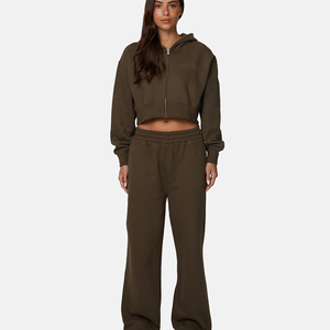 Sweat-shirt à capuche court vert olive pour femme, manches longues, fermeture éclair, tricoté, couleur unie, décontracté, pour l'automne - Product Image 1