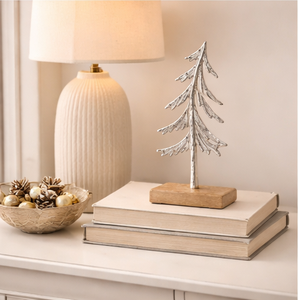 Nordic Style Hammered Aluminum Xmas <b>Tree</b> Ornament With Sustainable Wood Base Elegant Silver Holiday Centerpiece For Mantel Table - Product Image 2