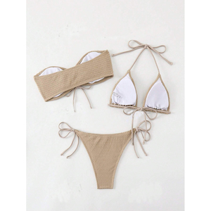 Women's Ribbed <b>Bikini</b> <b>Set</b> Bandeau Top Tie Side Bottoms Solid Color Stretch Fabric Drawstring Detail - Product Image 6