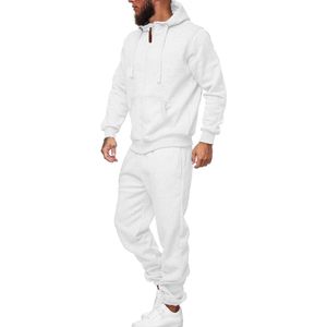 Ensemble de survêtement personnalisé en coton blanc uni, comprenant un sweat à capuche vierge et un pantalon de survêtement, idéal pour la détente et l'échauffement - Product Image 4