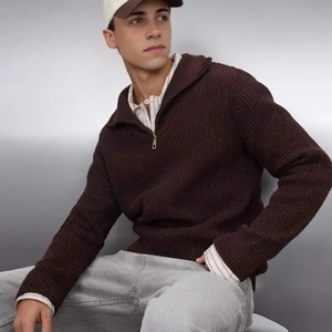 Streetwear Sweaters Sweatshirt Clothing Manufacturer Custom Wholesale Henry Collar Distressed <b>Long</b> Sleeve Knitted Sweater <b>Men</b> - Product Image 1