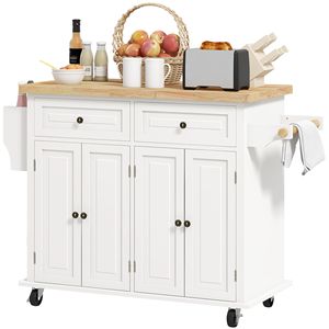 Carrello da Cucina Bianco Crema con Ruote, Piano in Legno di Gomma, Porta Spezie, Portasciugamani e Cassetti - Product Image 1