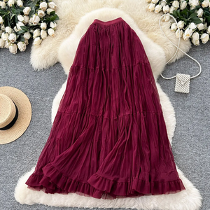 Jupe longue plissée en organza pour femme, taille élastique, avec volants, couleur unie, style été, longueur au sol - Product Image 4