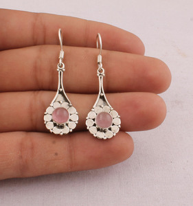Wholesale Engagement 925 Sterling <b>Silver</b> Natural Rose Quartz <b>Dangle</b> <b>Earrings</b> Vintage Handcrafted Flower Petal Frame Teardrop - Product Image 1