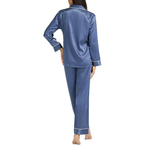 Ensemble de pyjama en satin rayé bleu pour femme, manches longues, longueur intégrale, vêtements de nuit classiques, col rabattu, fermeture à boutons - Product Image 2
